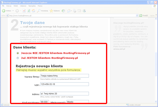  screen z wypełnionym formularzem 