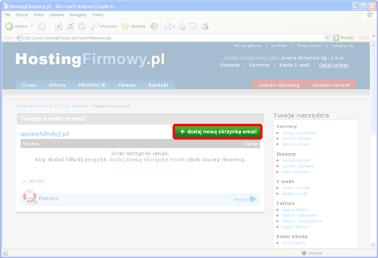  screen z listą domen i przyciskiem 