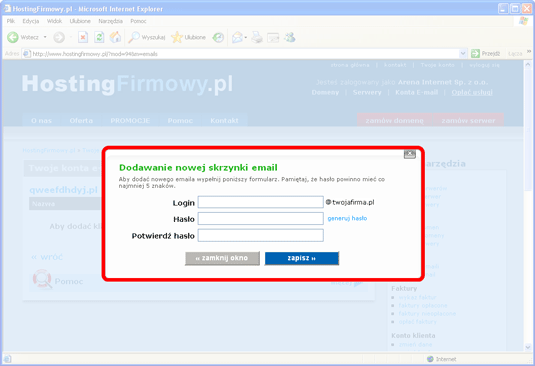  screen z formularzem dodawania skrzynki email 