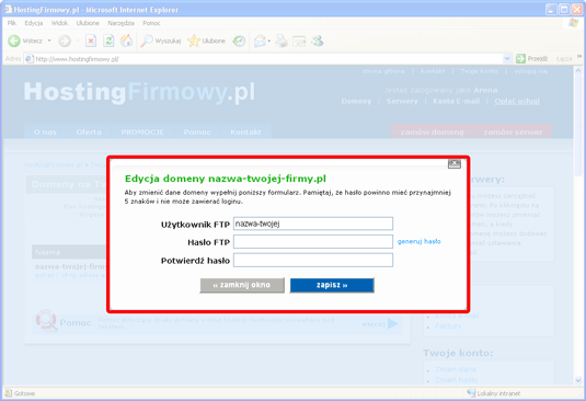  screen z formularza zmiany ftp domeny 